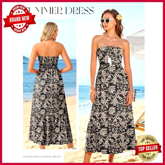 Strapless Floral Maxi Dress Boho Smocked Back Tiered A-Line with Pockets - Picture 2 of 7